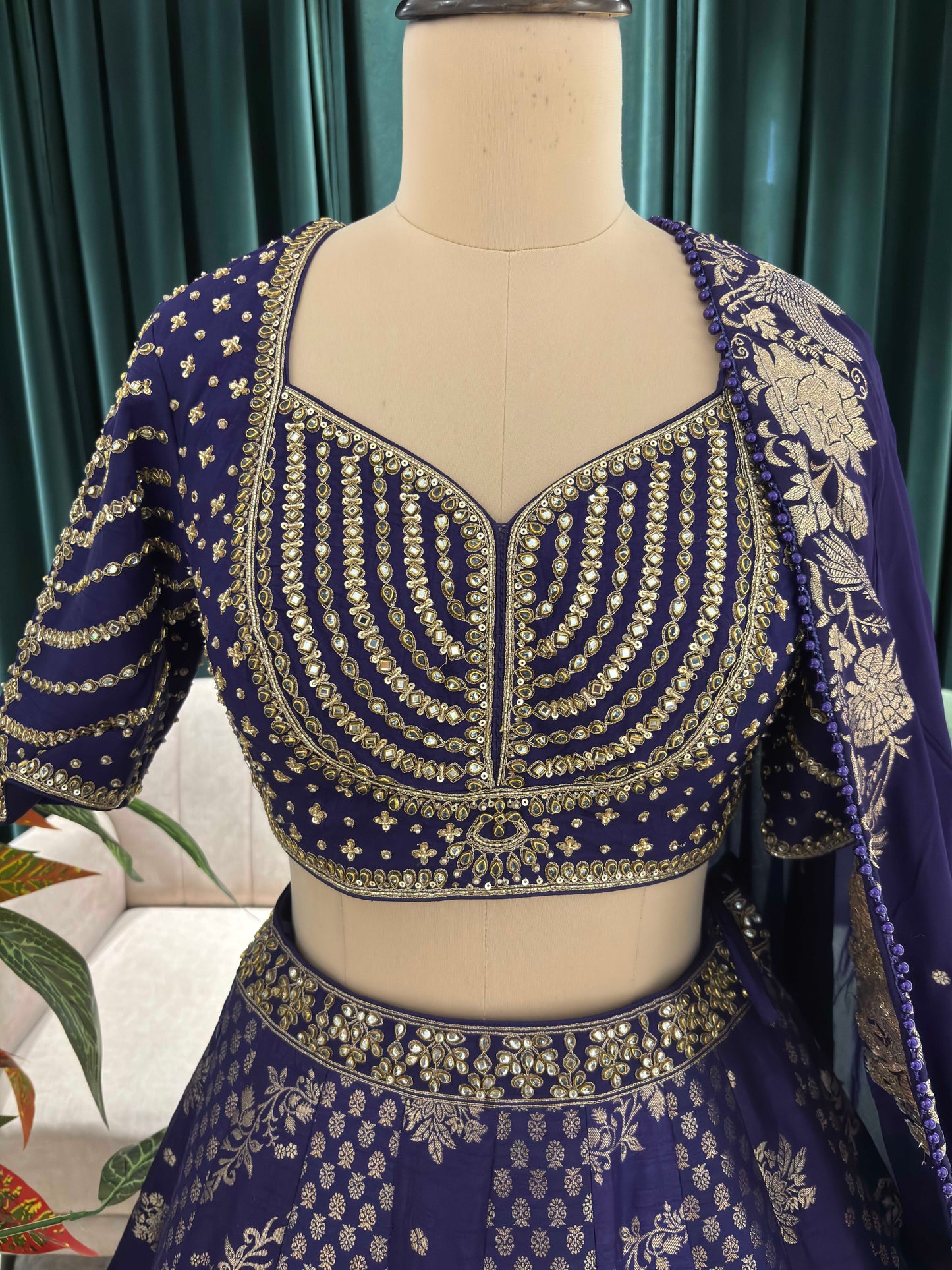 Navy Blue Embroidered Silk Lehenga Choli Set for Wedding
