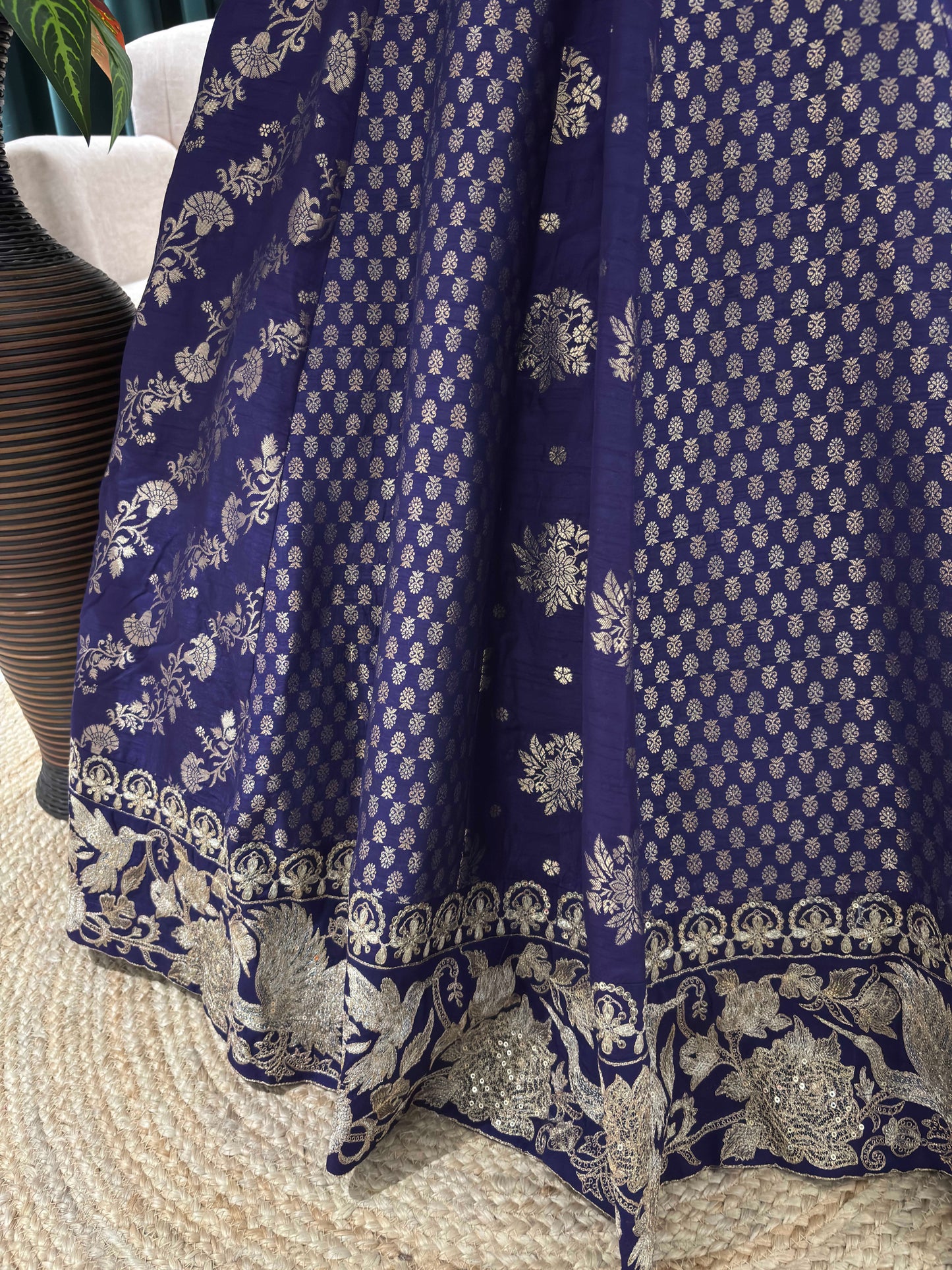 Navy Blue Embroidered Silk Lehenga Choli Set for Wedding