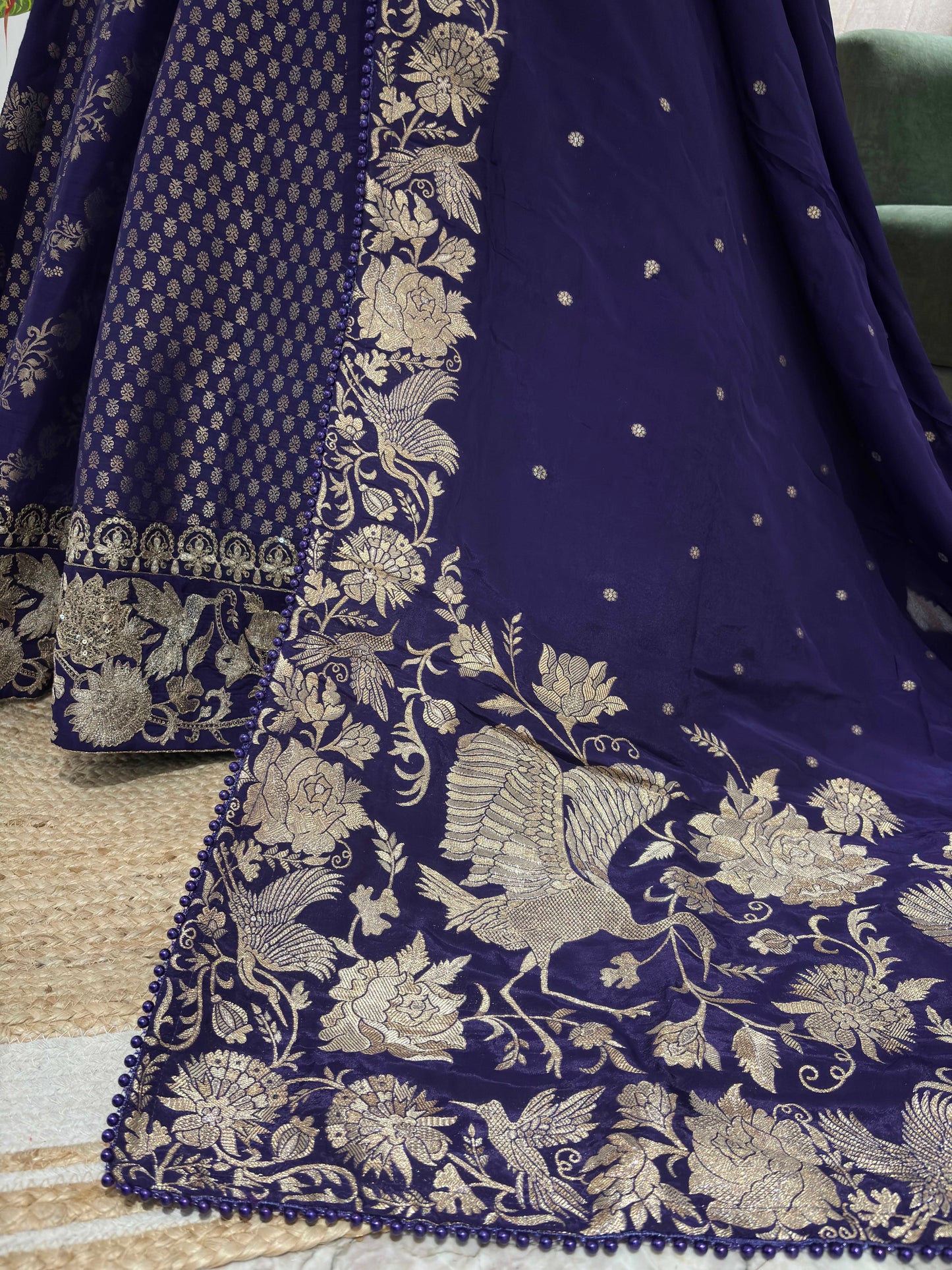 Navy Blue Embroidered Silk Lehenga Choli Set for Wedding