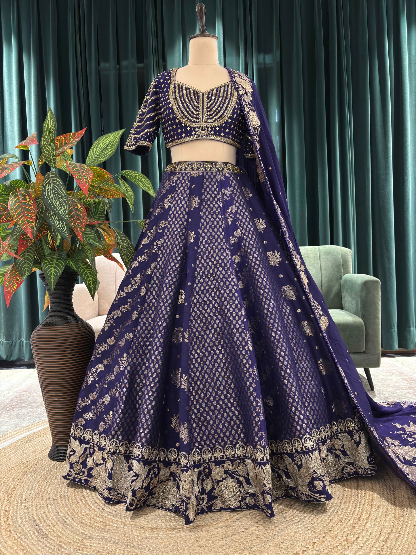 Navy Blue Embroidered Silk Lehenga Choli Set for Wedding