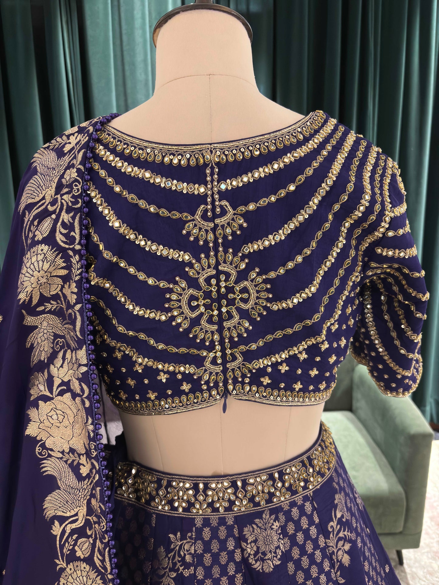 Navy Blue Embroidered Silk Lehenga Choli Set for Wedding