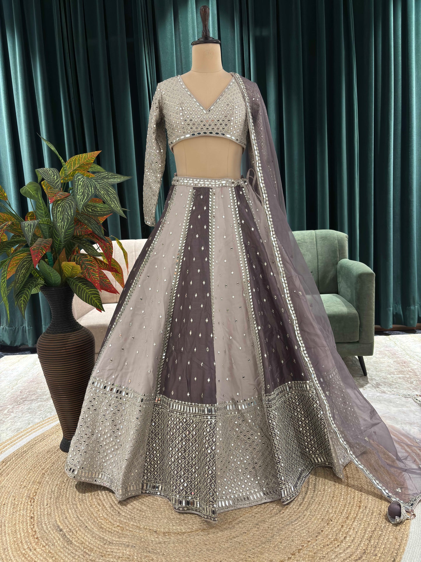Panelled Lehenga Set in Dual-Tone with Mirror & Zari Embroidery