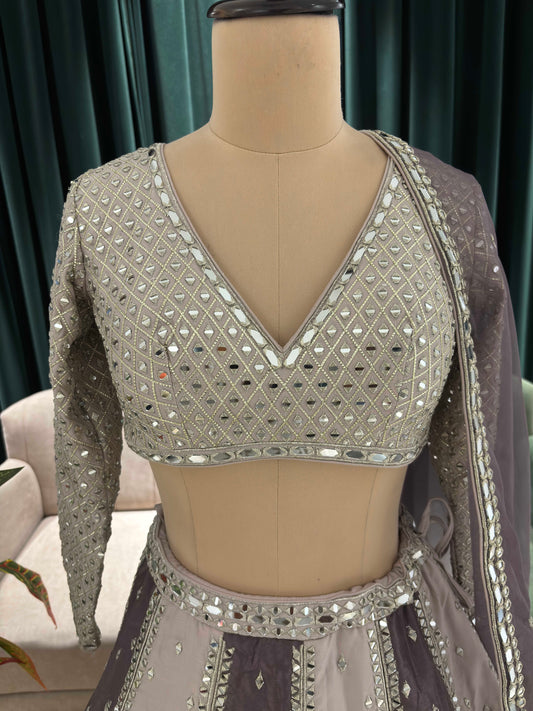 Panelled Lehenga Set in Dual-Tone with Mirror & Zari Embroidery