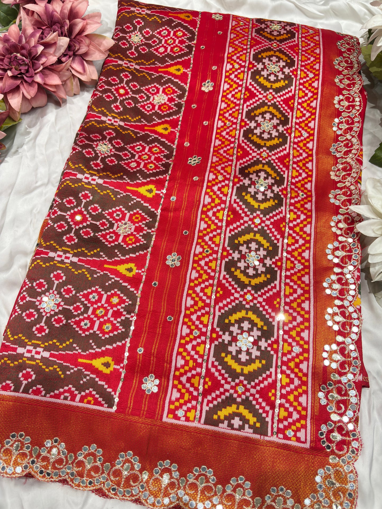 Patola Red Colour  Saree with Geometric Floral Patterns