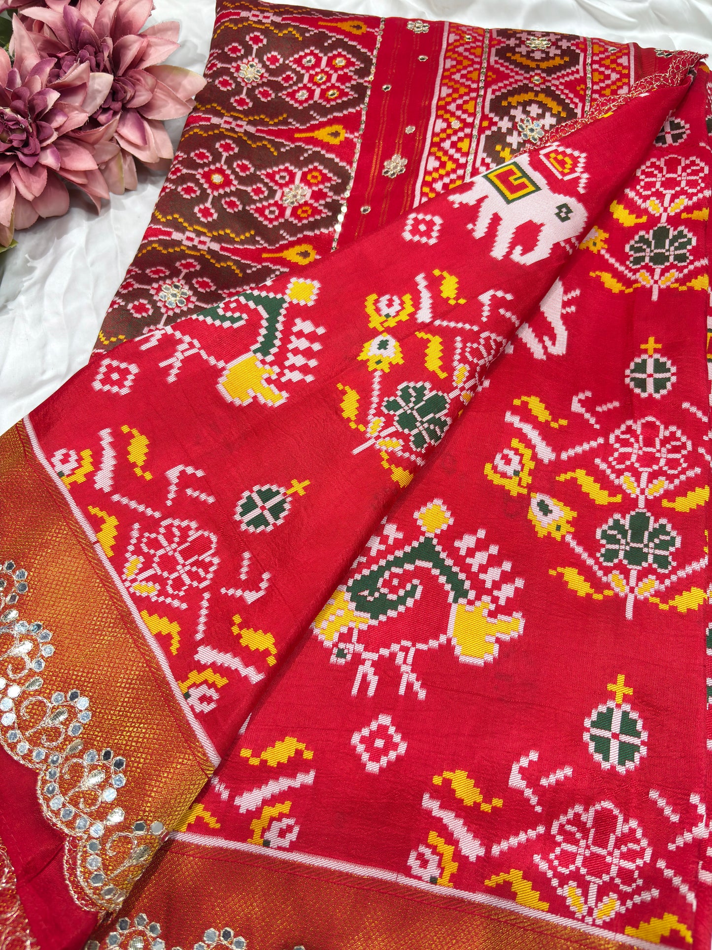 Patola Red Colour  Saree with Geometric Floral Patterns