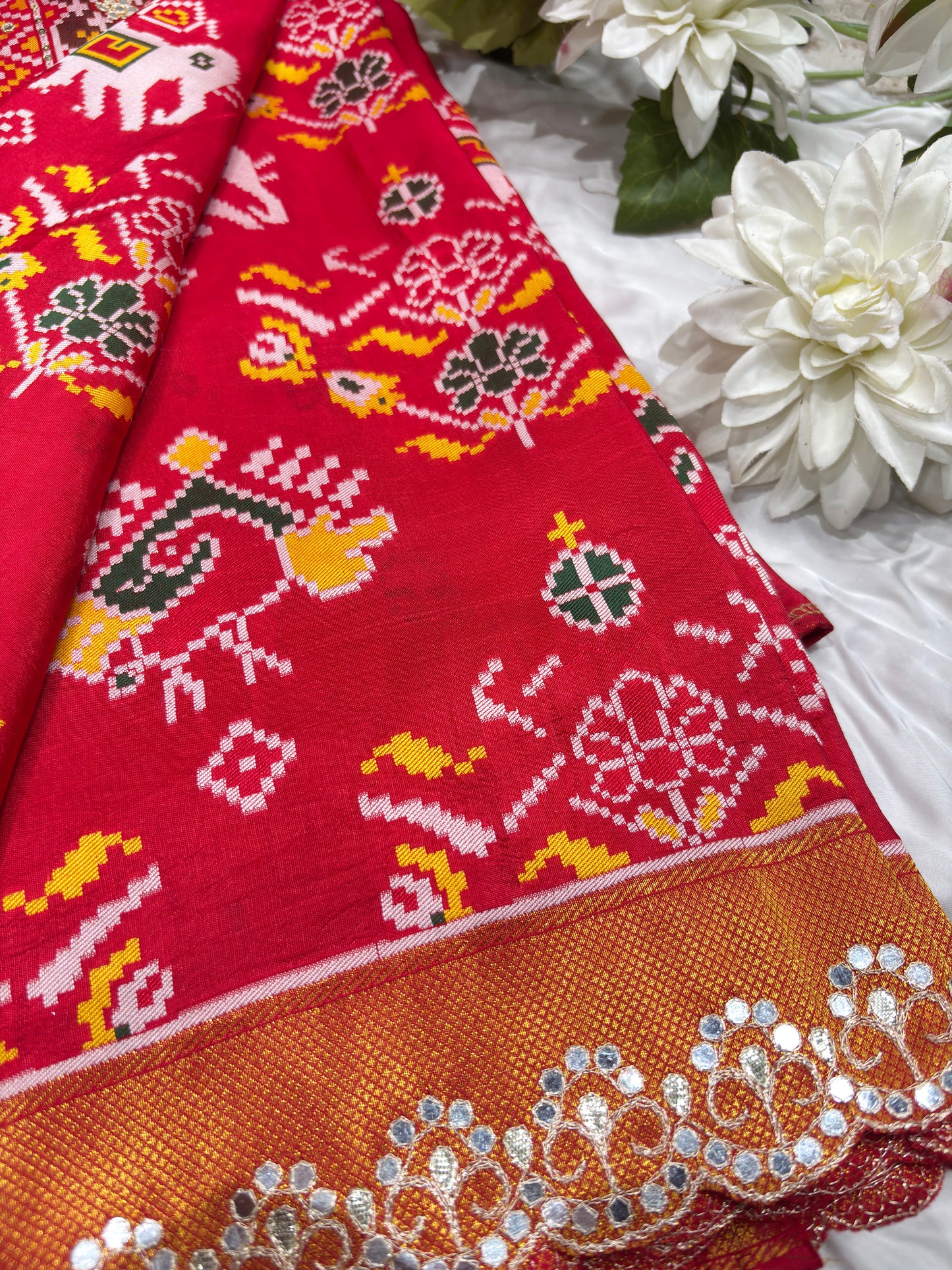 Patola Red Colour  Saree with Geometric Floral Patterns