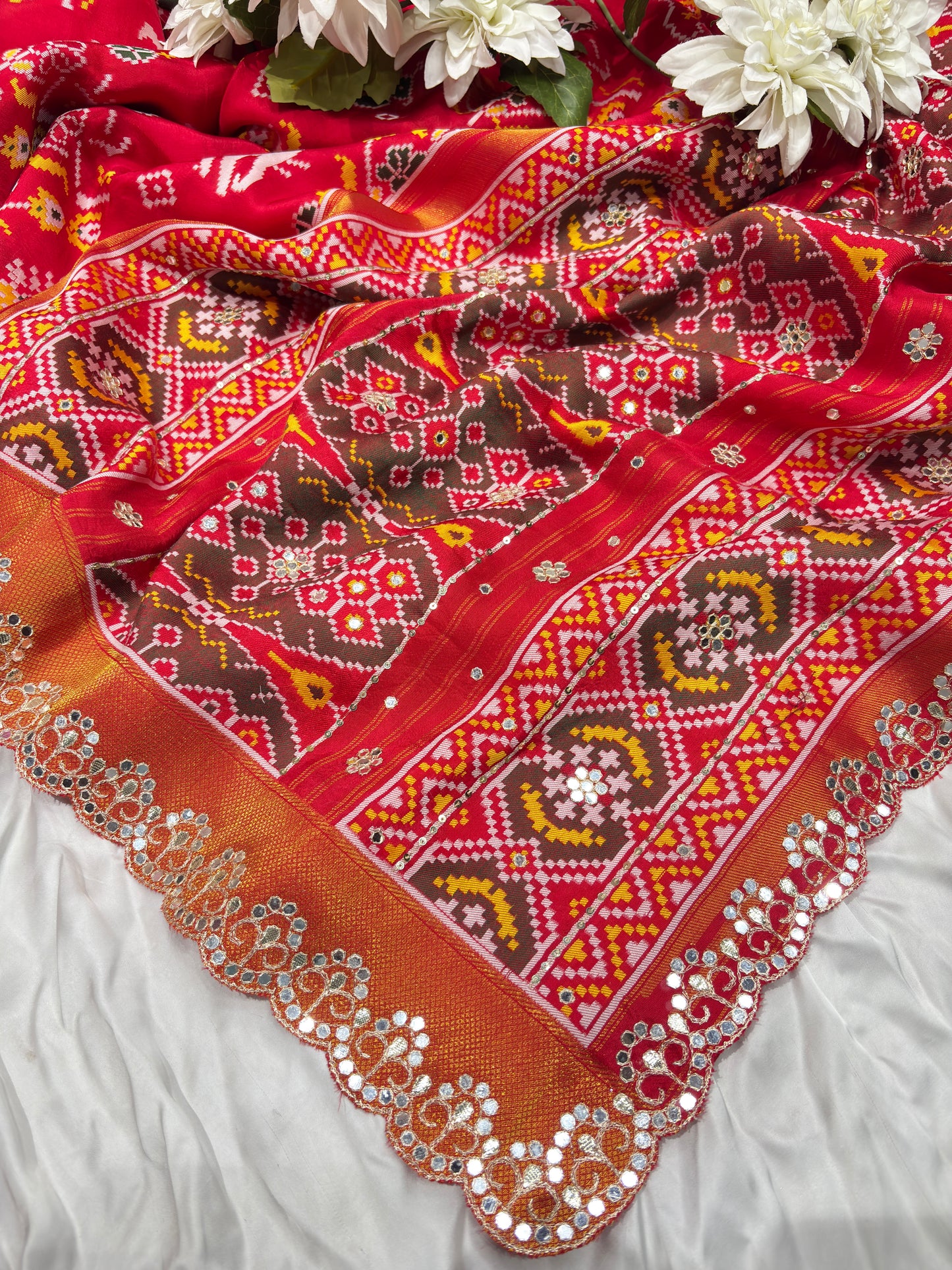 Patola Red Colour  Saree with Geometric Floral Patterns