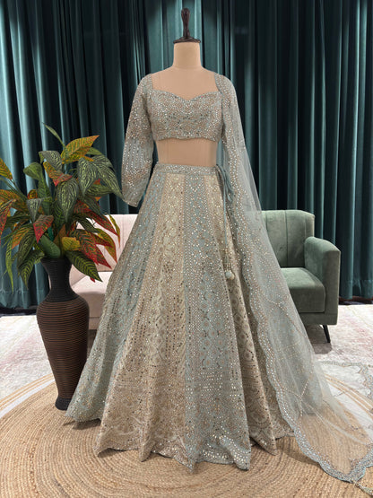 Designer Embroidered Lehenga with Sheer Sleeves & Mirror Dupatta