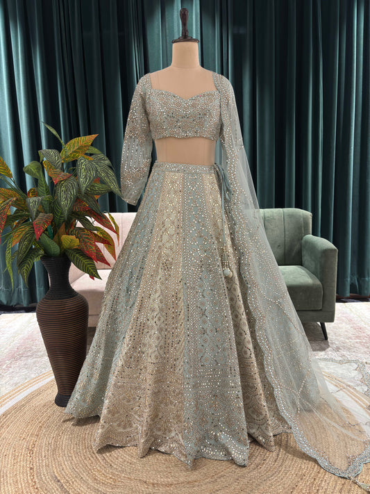 Designer Embroidered Lehenga with Sheer Sleeves & Mirror Dupatta