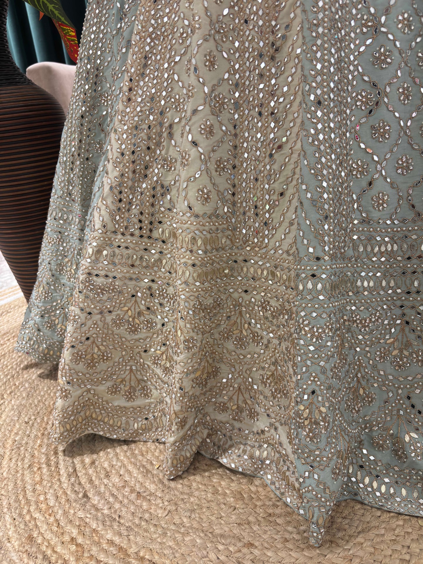 Designer Embroidered Lehenga with Sheer Sleeves & Mirror Dupatta