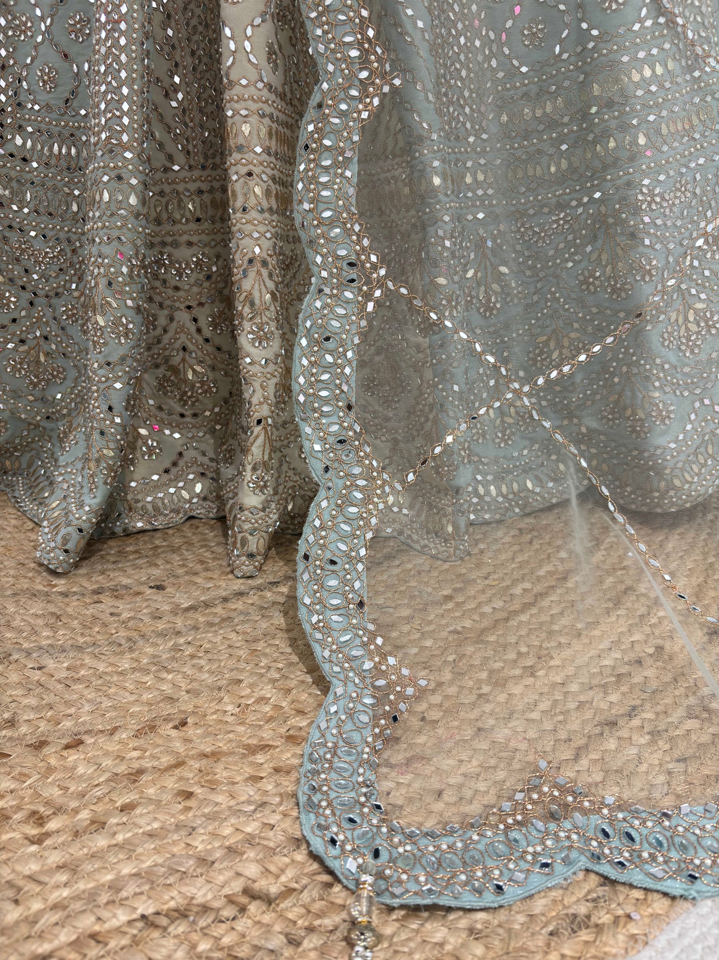 Designer Embroidered Lehenga with Sheer Sleeves & Mirror Dupatta