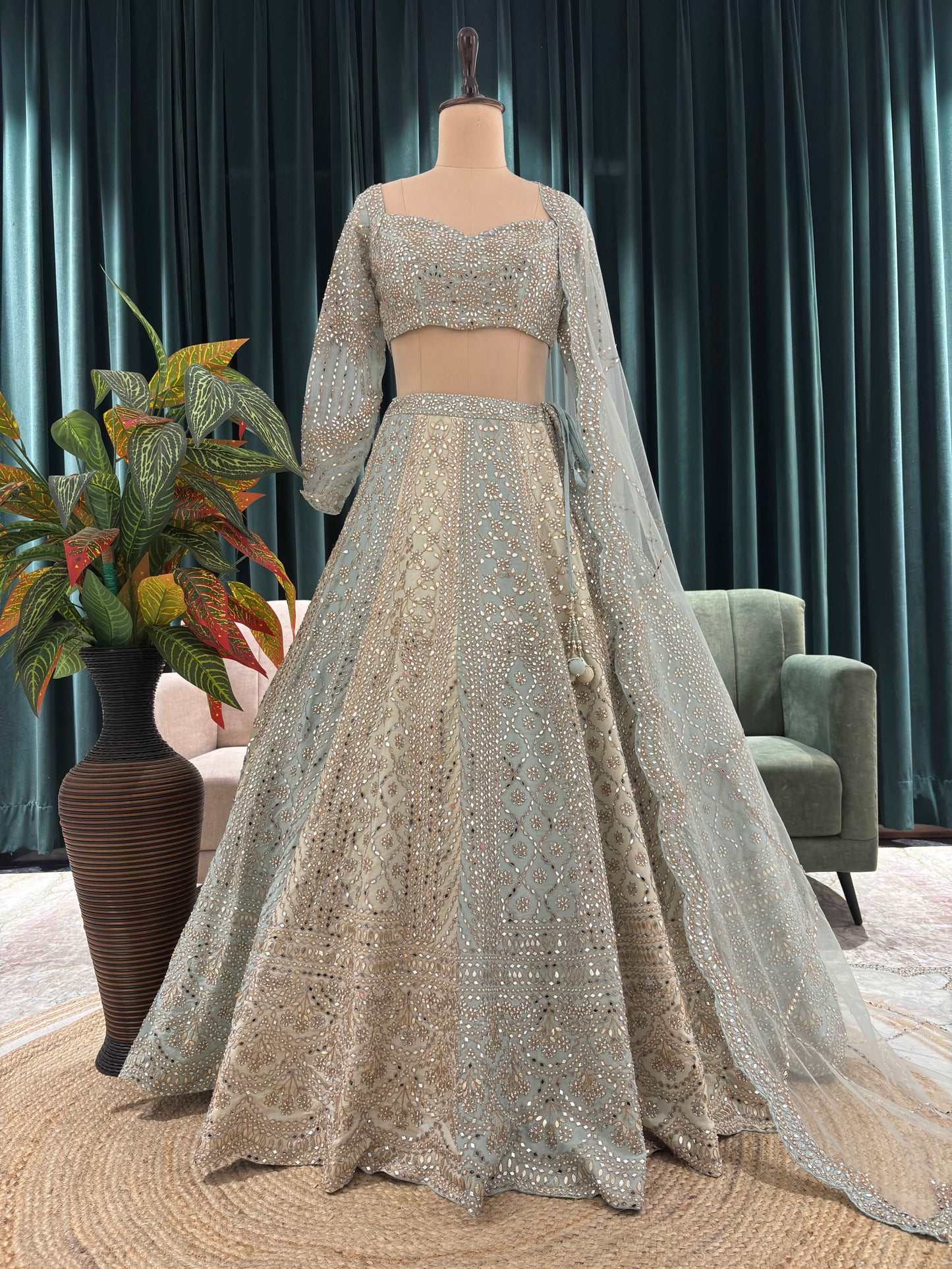 Designer Embroidered Lehenga with Sheer Sleeves & Mirror Dupatta