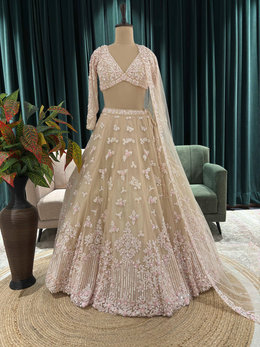 Blush Beige Floral Embroidered Lehenga Set with Sheer Dupatta