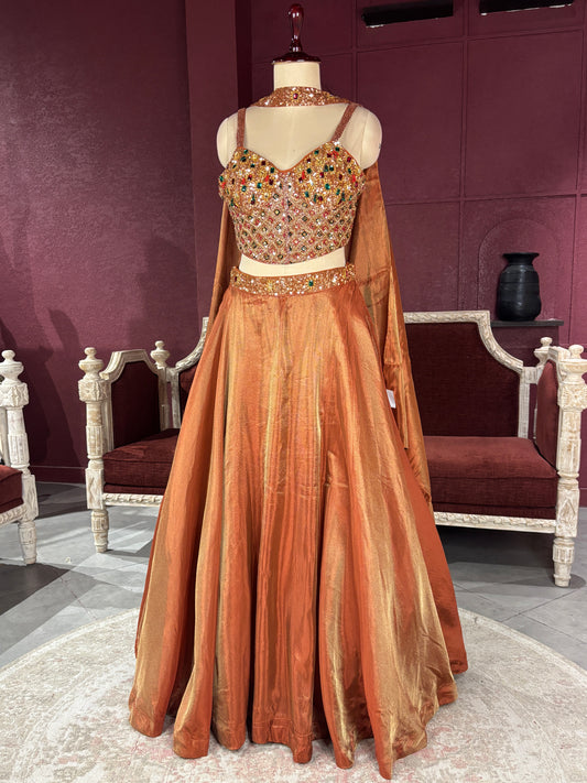 Designer Bronze Lehenga with Multicolor Embellished Blouse
