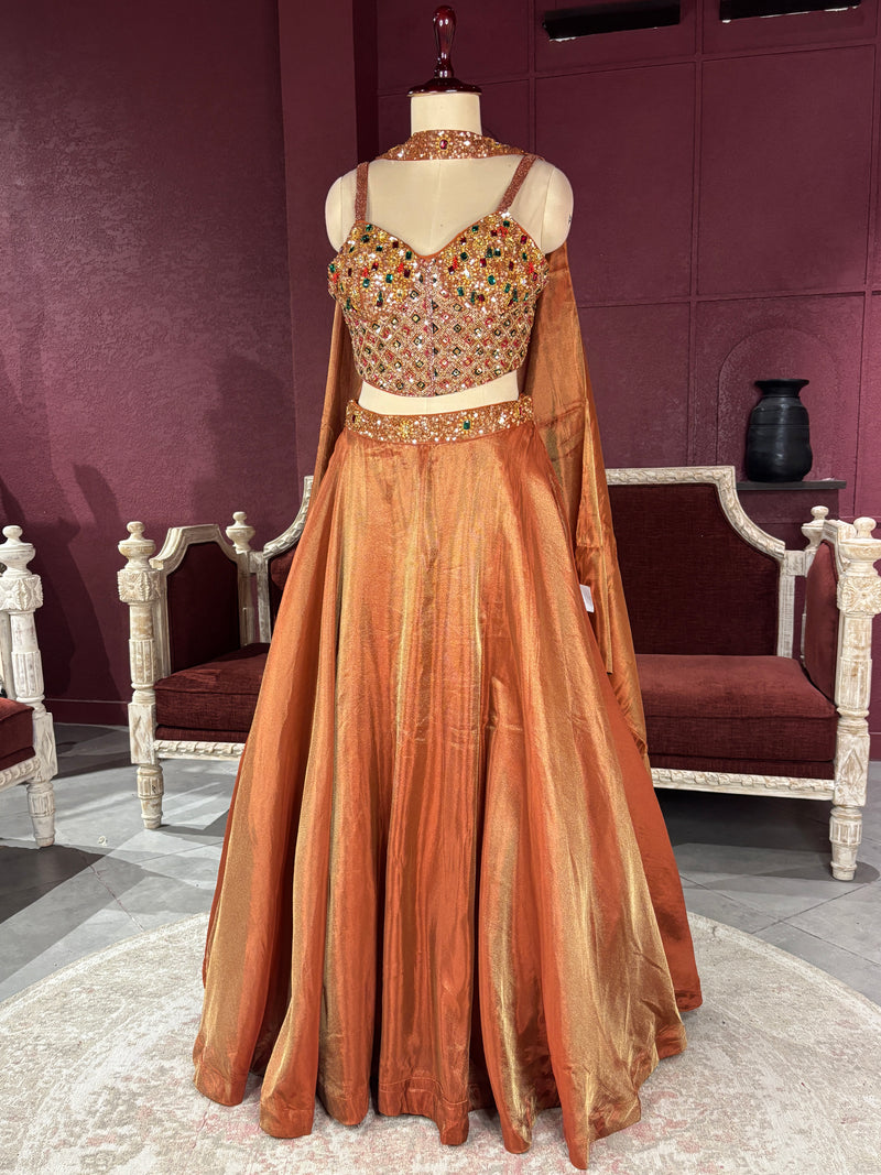 Designer Bronze Lehenga with Multicolor Embellished Blouse