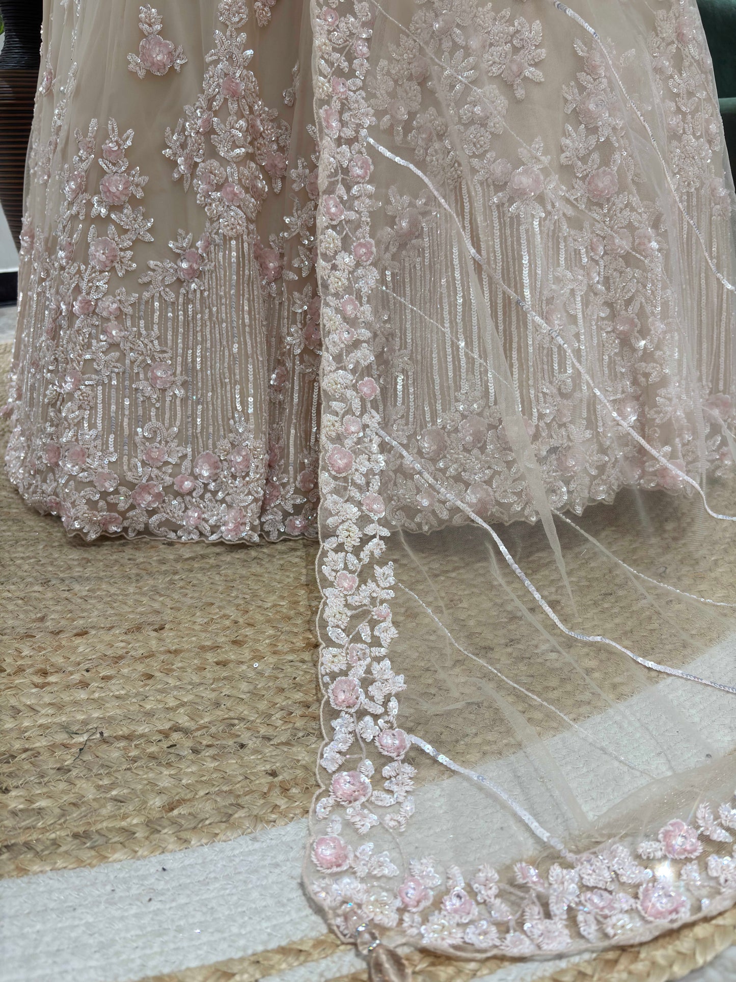 Blush Beige Floral Embroidered Lehenga Set with Sheer Dupatta