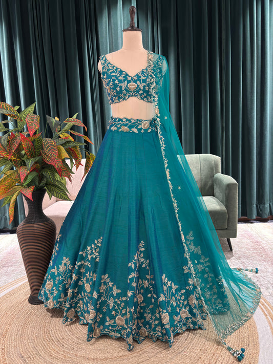 Teal Bloom Designer Lehenga Set with Silver Zari & Floral Motifs