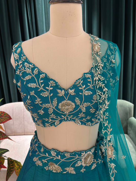Teal Bloom Designer Lehenga Set with Silver Zari & Floral Motifs
