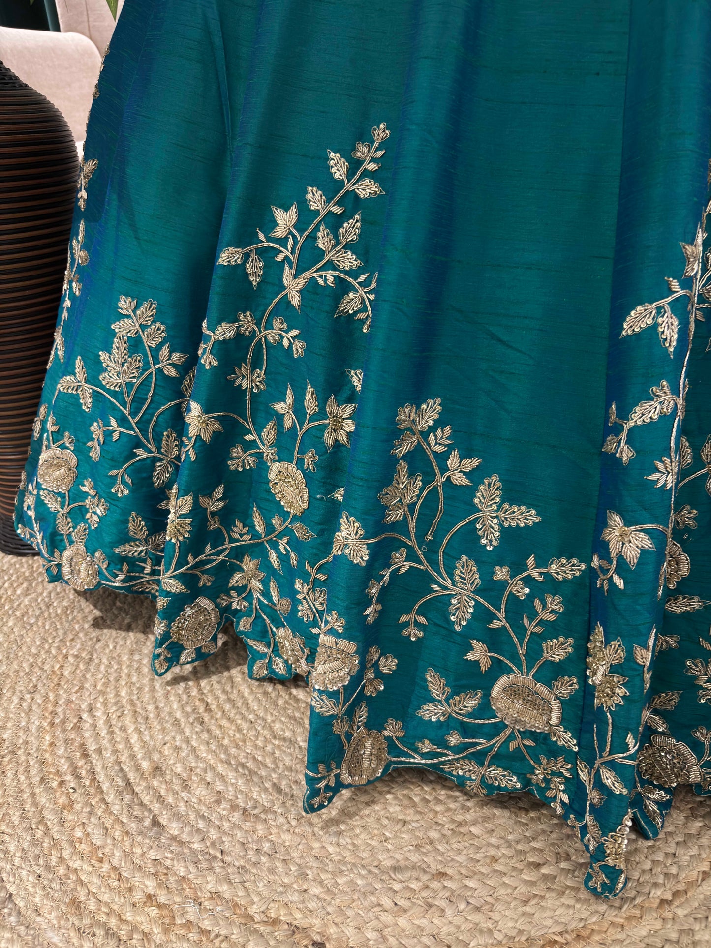 Teal Bloom Designer Lehenga Set with Silver Zari & Floral Motifs