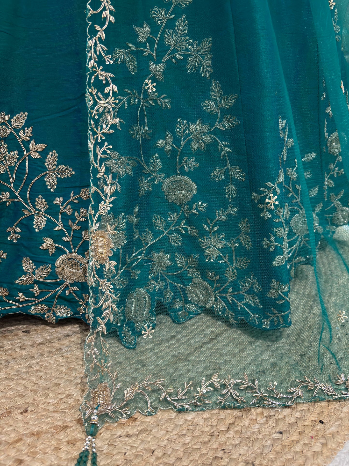 Teal Bloom Designer Lehenga Set with Silver Zari & Floral Motifs