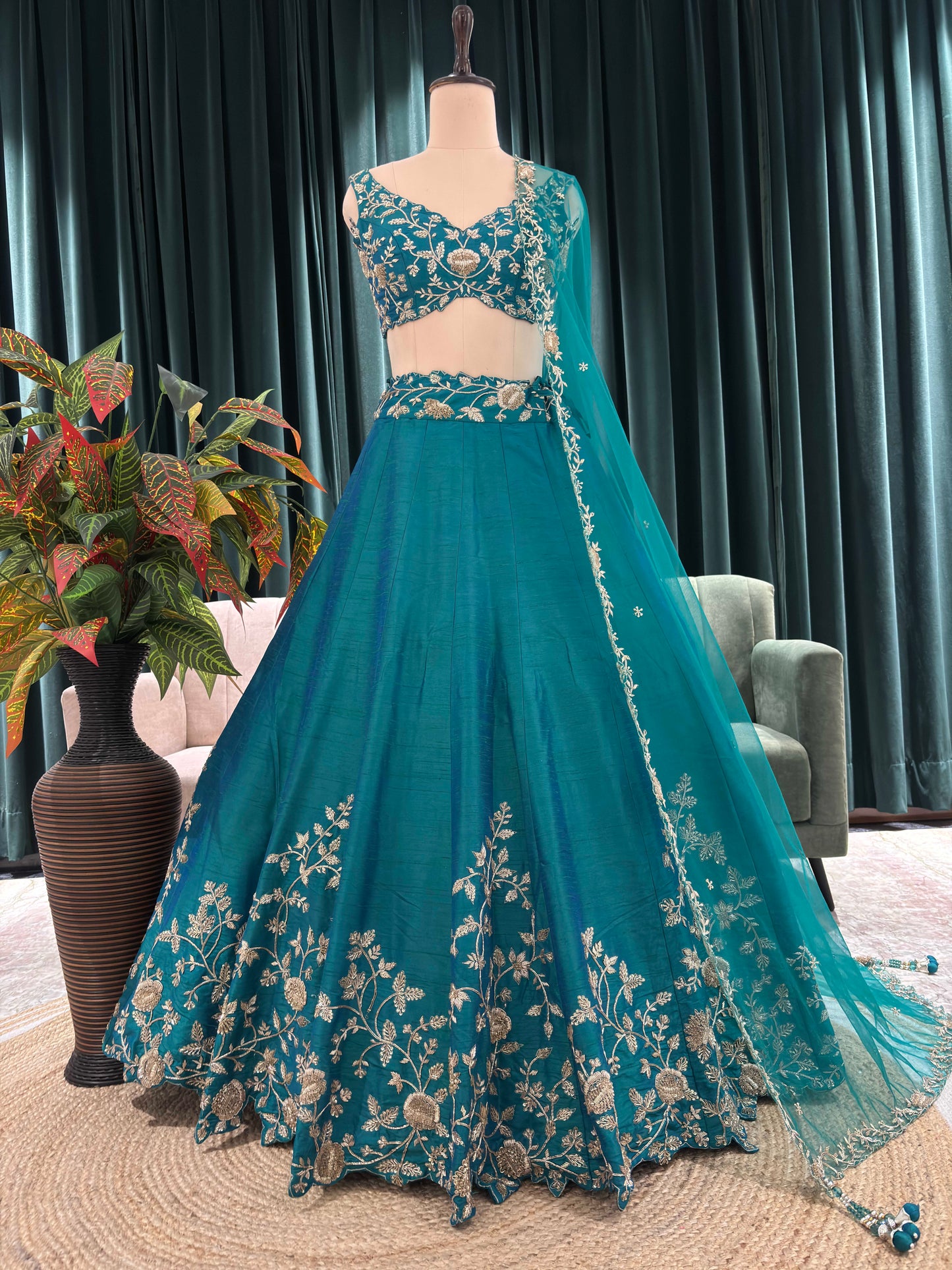 Teal Bloom Designer Lehenga Set with Silver Zari & Floral Motifs