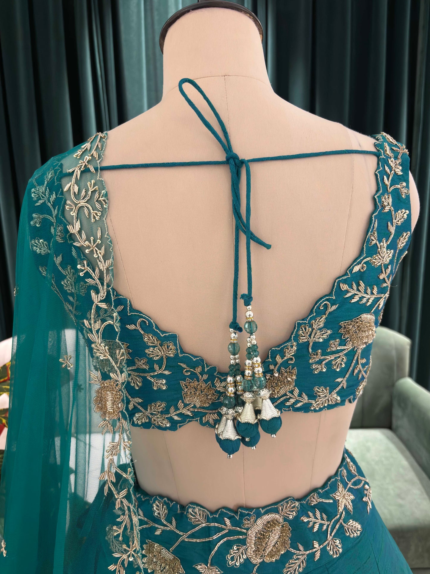 Teal Bloom Designer Lehenga Set with Silver Zari & Floral Motifs