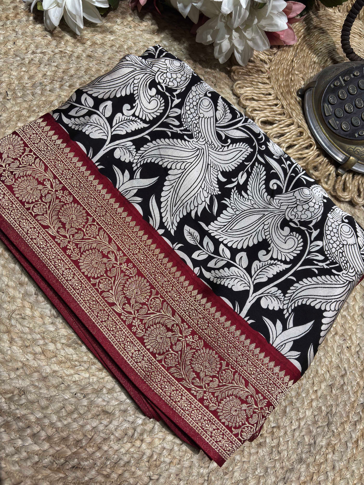 Black & Ivory Woven Saree with Peacock Motifs & Maroon Zari Border