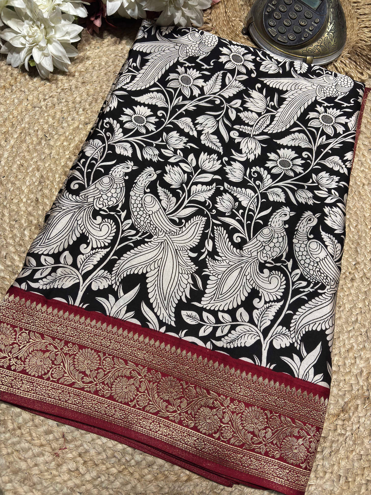 Black & Ivory Woven Saree with Peacock Motifs & Maroon Zari Border