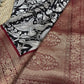 Black & Ivory Woven Saree with Peacock Motifs & Maroon Zari Border