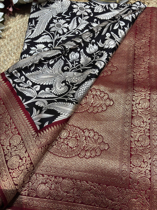 Black & Ivory Woven Saree with Peacock Motifs & Maroon Zari Border