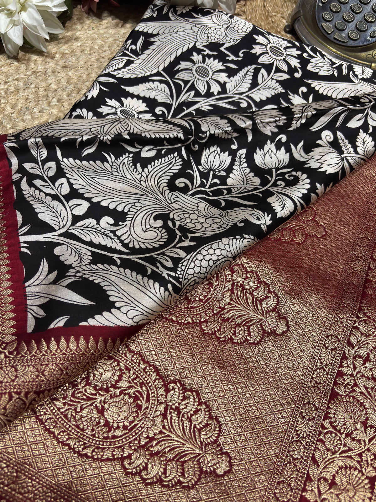 Black & Ivory Woven Saree with Peacock Motifs & Maroon Zari Border