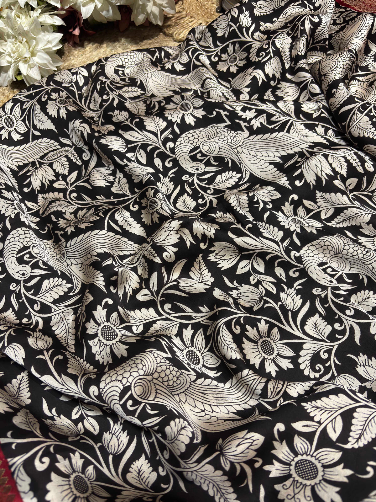 Black & Ivory Woven Saree with Peacock Motifs & Maroon Zari Border