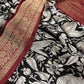 Black & Ivory Woven Saree with Peacock Motifs & Maroon Zari Border