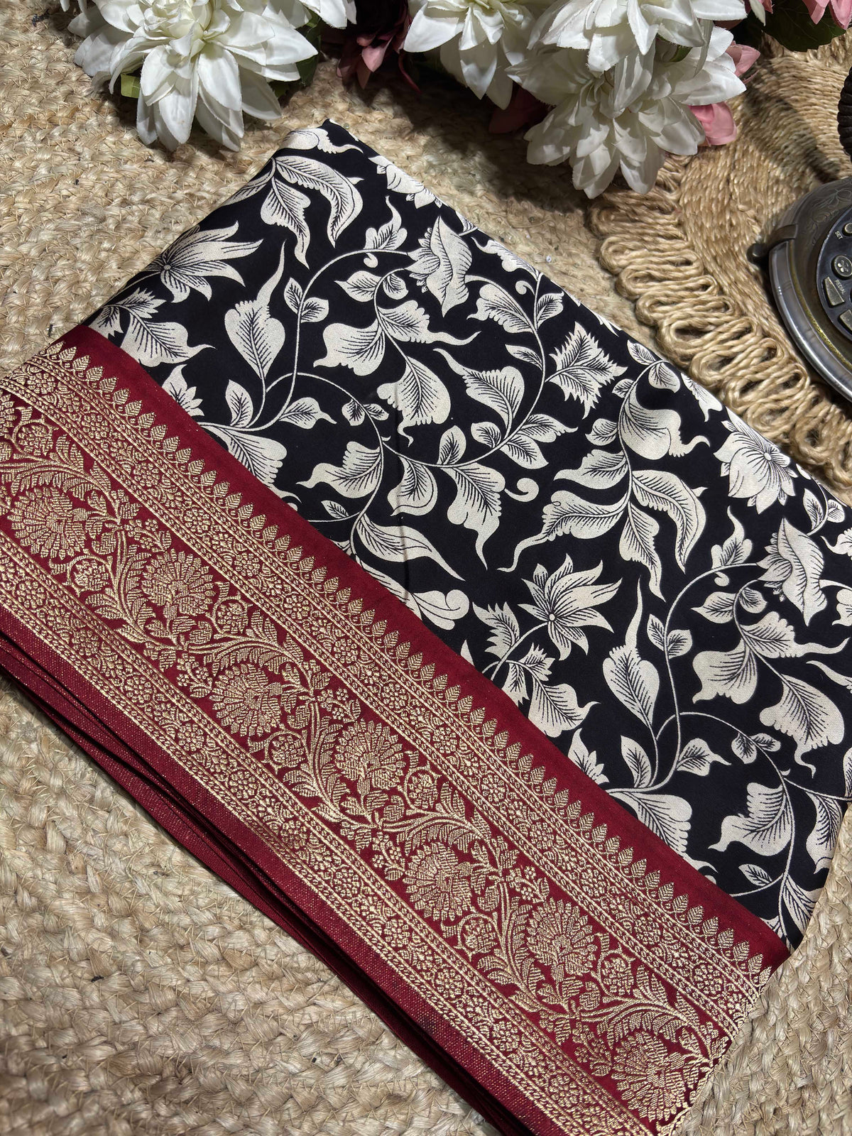 Black & Ivory Floral Woven Saree with Maroon Zari Border