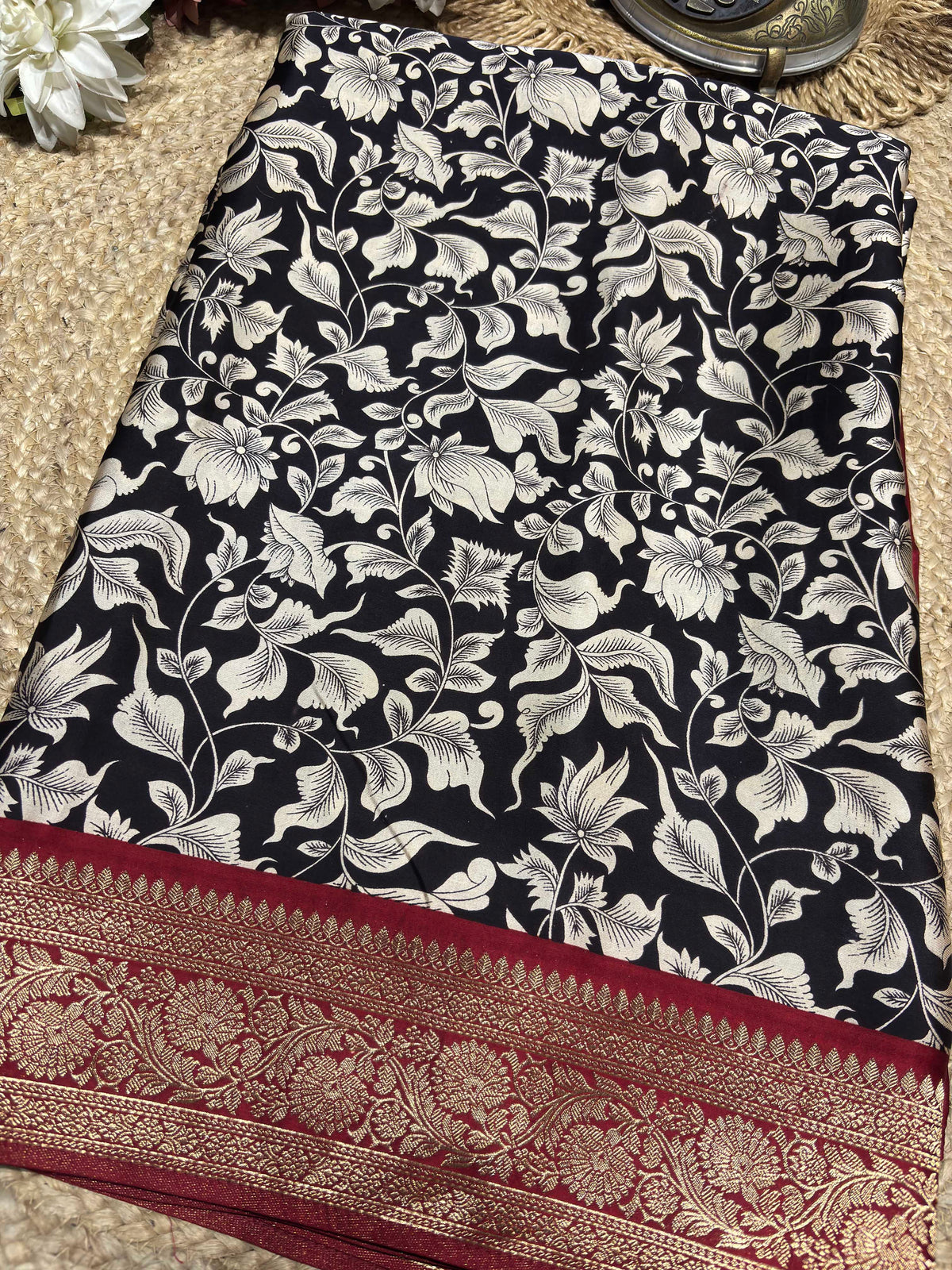 Black & Ivory Floral Woven Saree with Maroon Zari Border