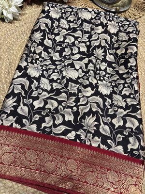 Black & Ivory Floral Woven Saree with Maroon Zari Border