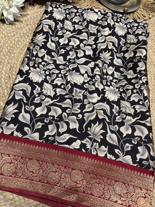Black & Ivory Floral Woven Saree with Maroon Zari Border