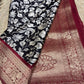 Black & Ivory Floral Woven Saree with Maroon Zari Border