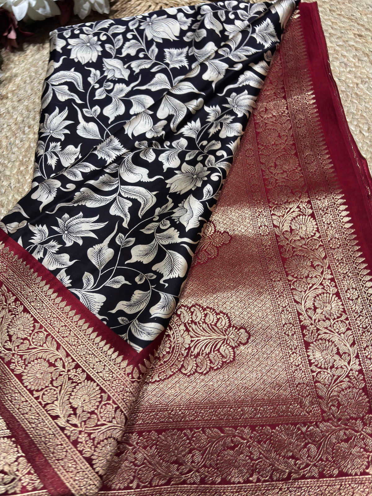 Black & Ivory Floral Woven Saree with Maroon Zari Border