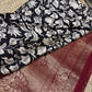 Black & Ivory Floral Woven Saree with Maroon Zari Border