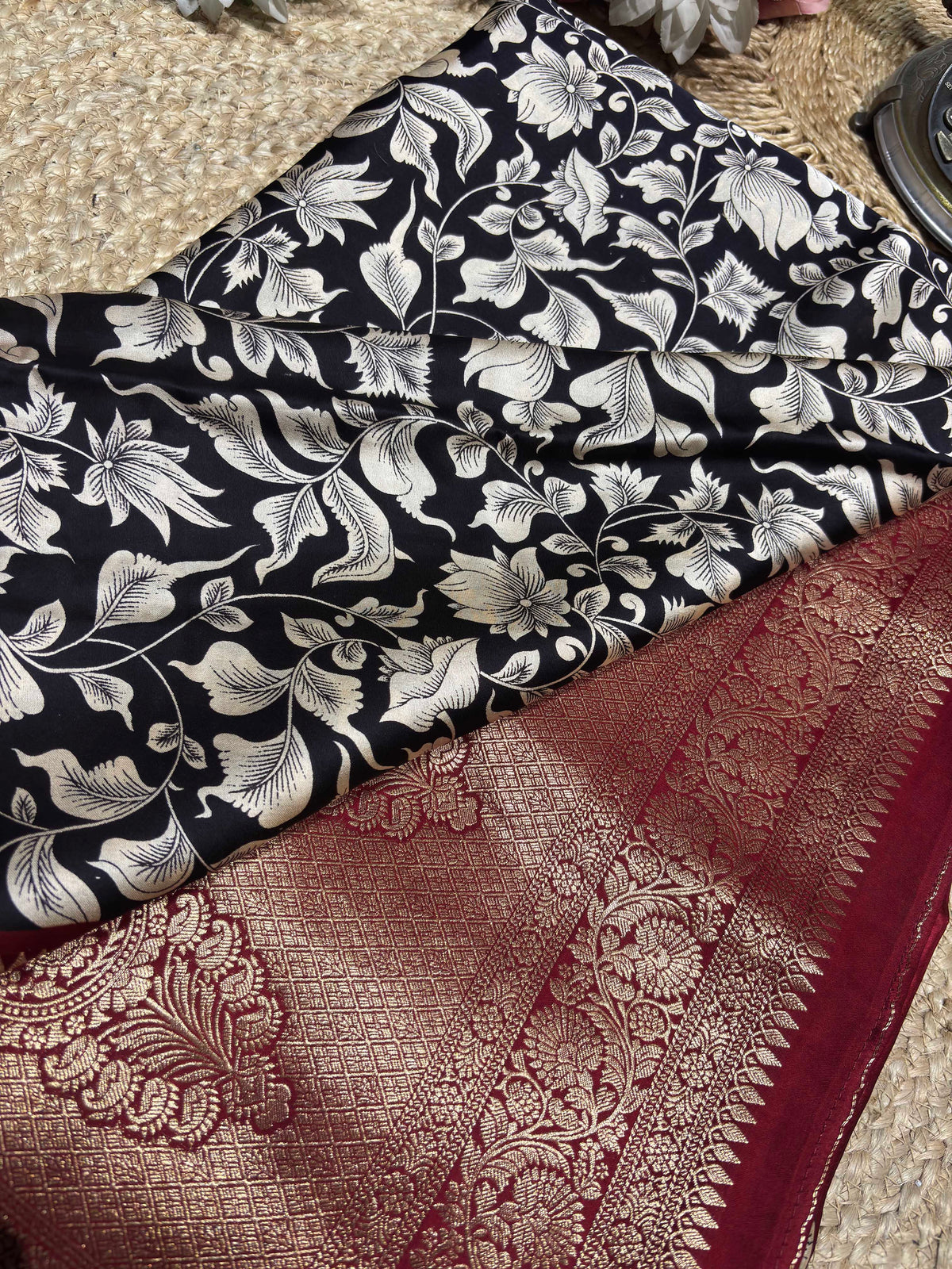 Black & Ivory Floral Woven Saree with Maroon Zari Border
