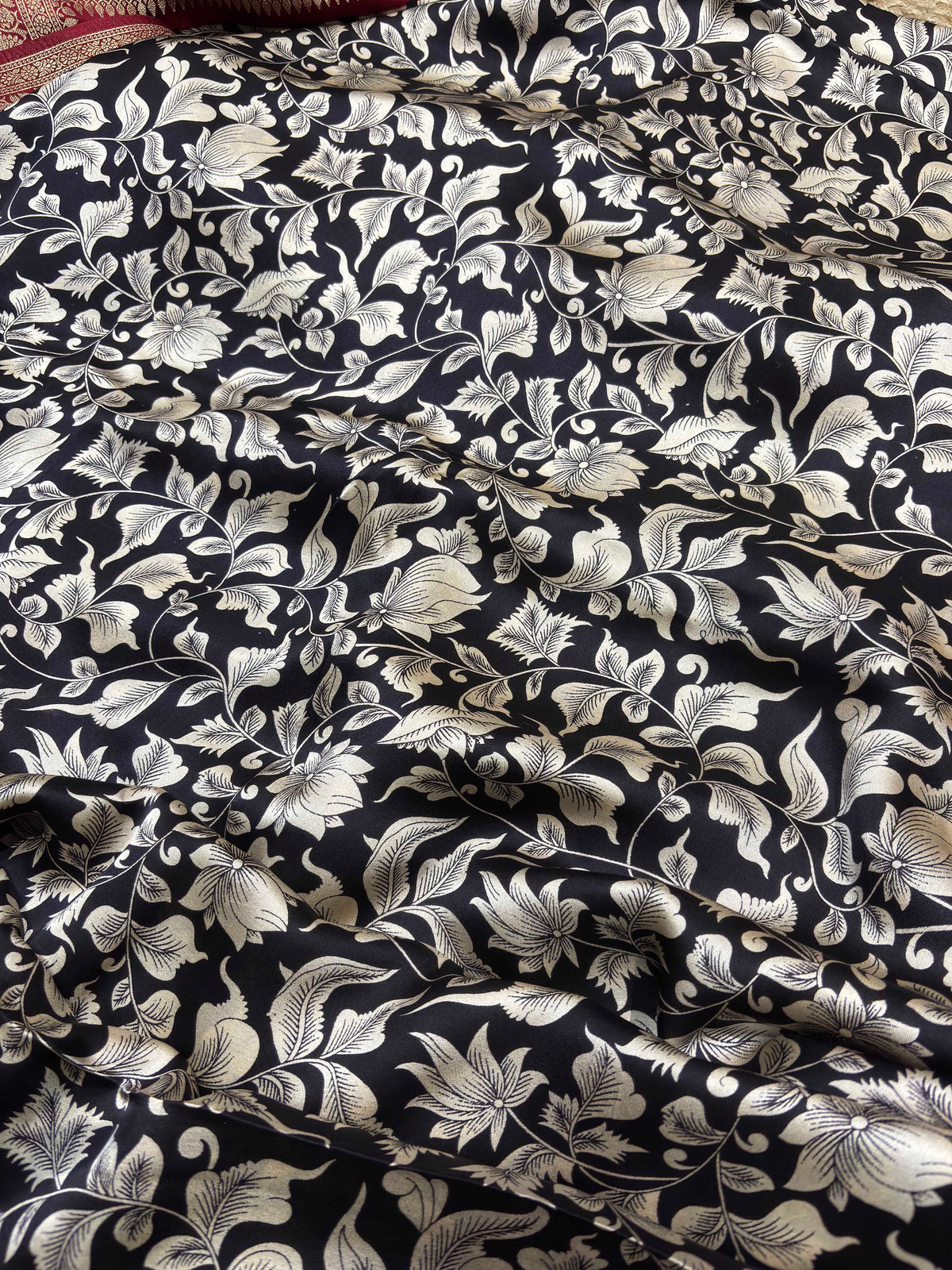 Black & Ivory Floral Woven Saree with Maroon Zari Border