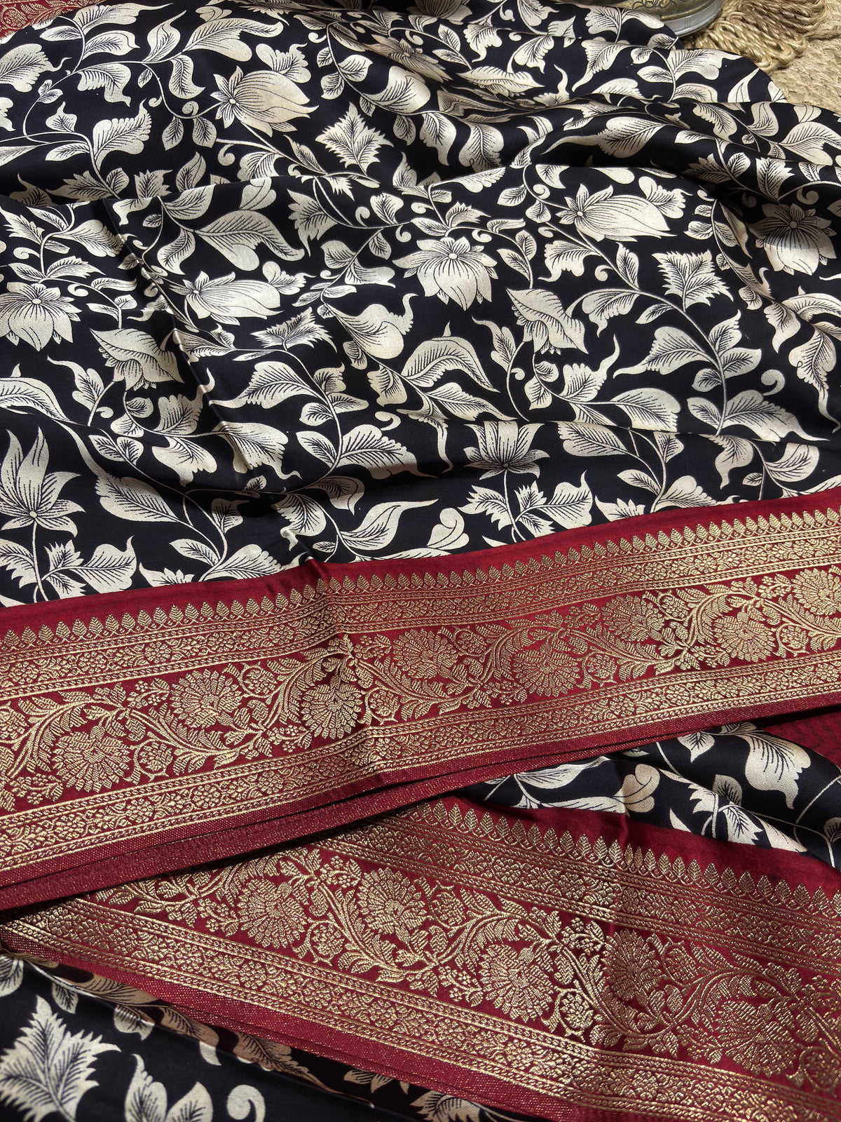 Black & Ivory Floral Woven Saree with Maroon Zari Border