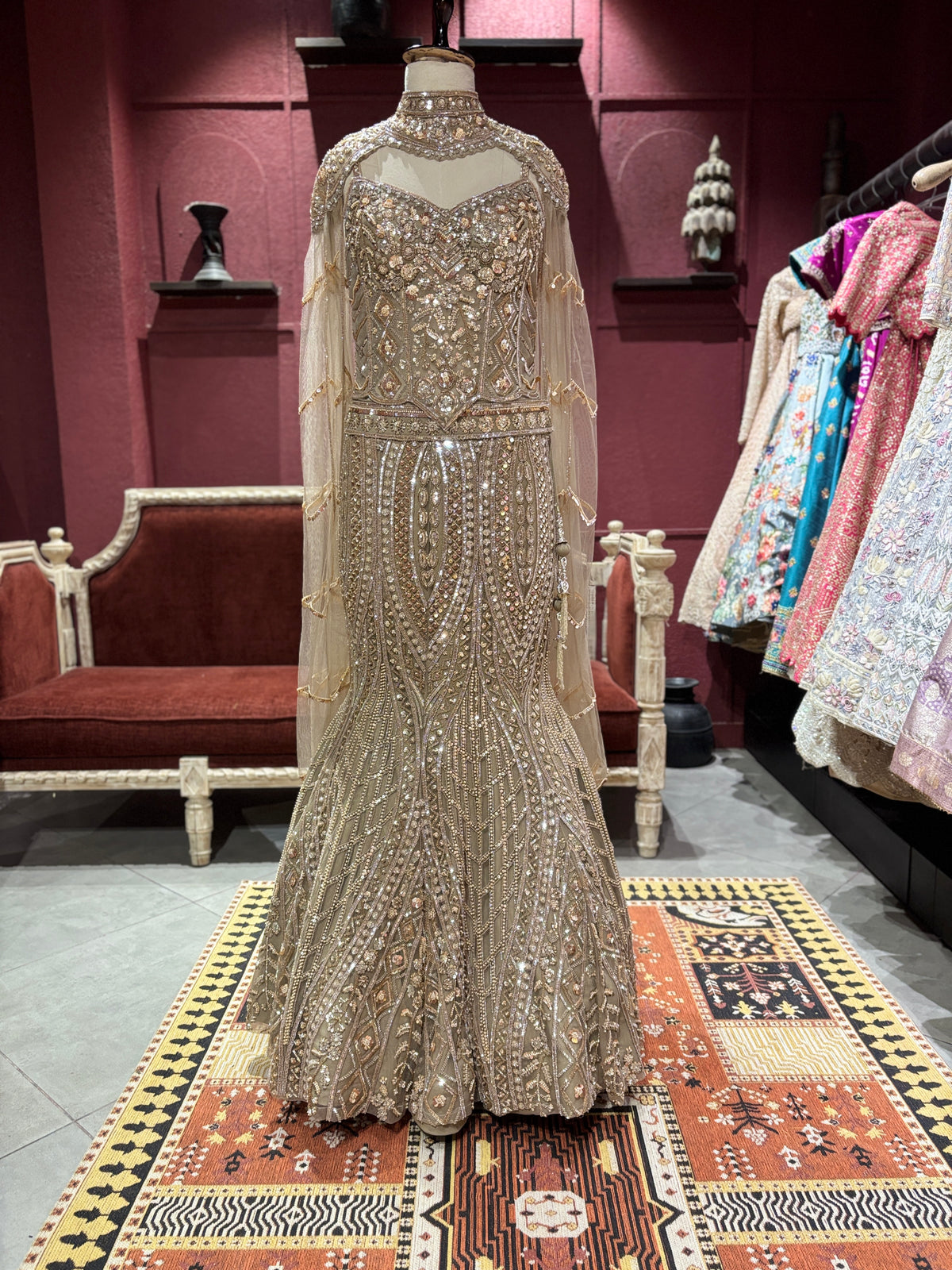 Champagne Gold Heavy Embellished Fish Cut Lehenga Set