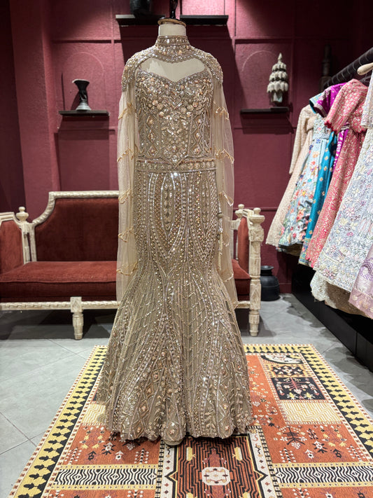 Champagne Gold Heavy Embellished Fish Cut Lehenga Set