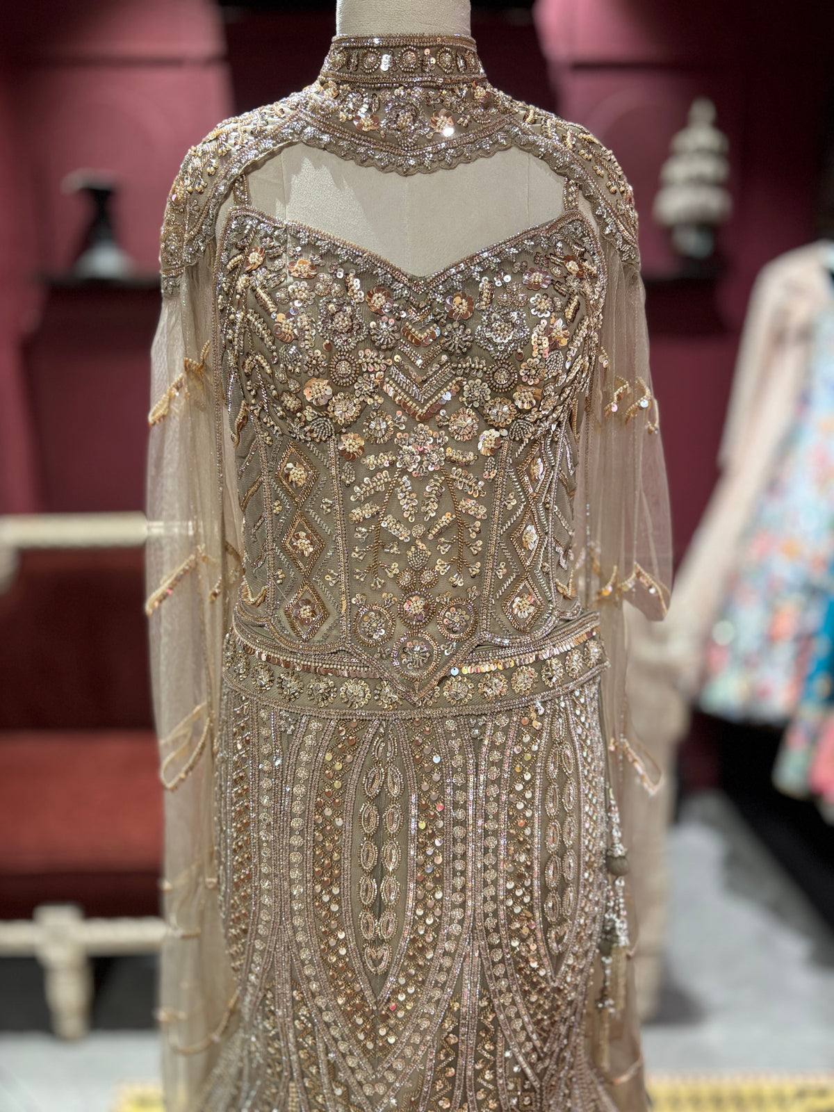 Champagne Gold Heavy Embellished Fish Cut Lehenga Set