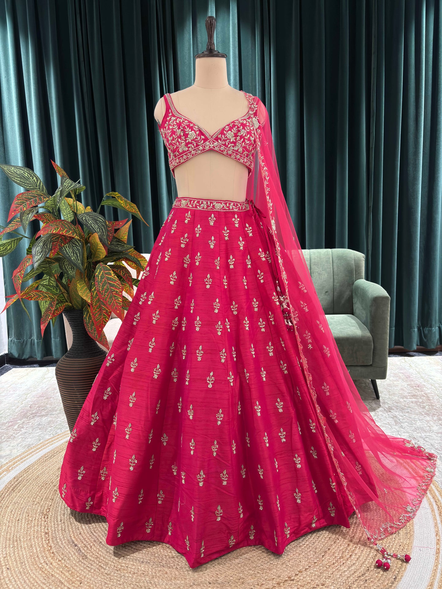 Radiant Rani-Pink Lehenga with Gold & White Floral Embroidery