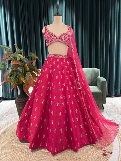 Radiant Rani-Pink Lehenga with Gold & White Floral Embroidery