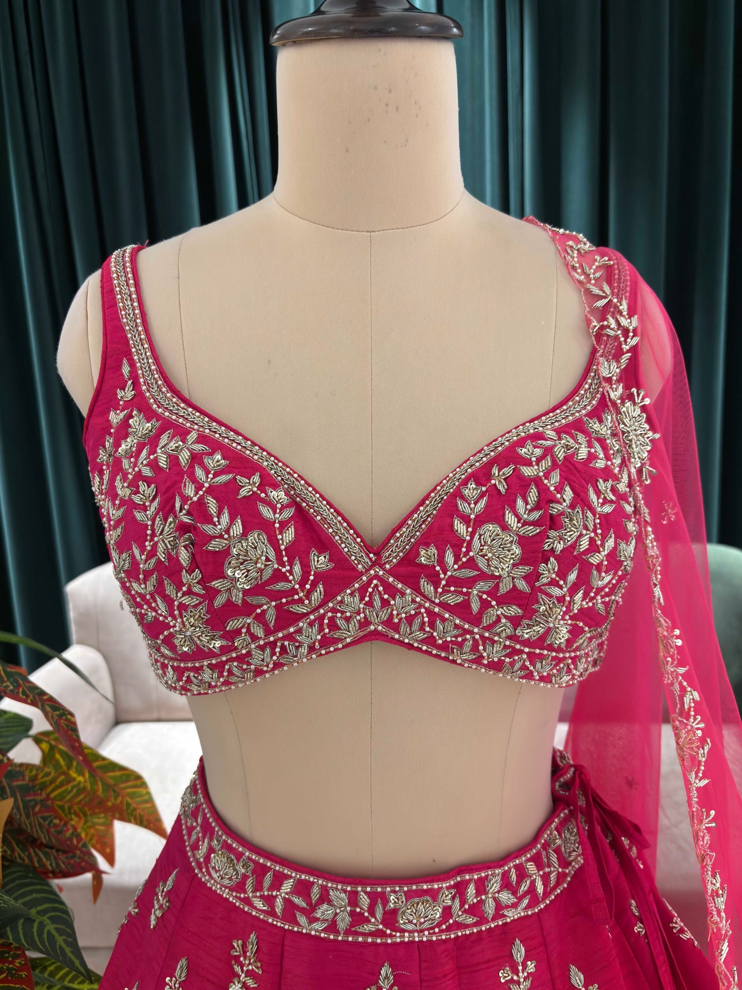 Radiant Rani-Pink Lehenga with Gold & White Floral Embroidery