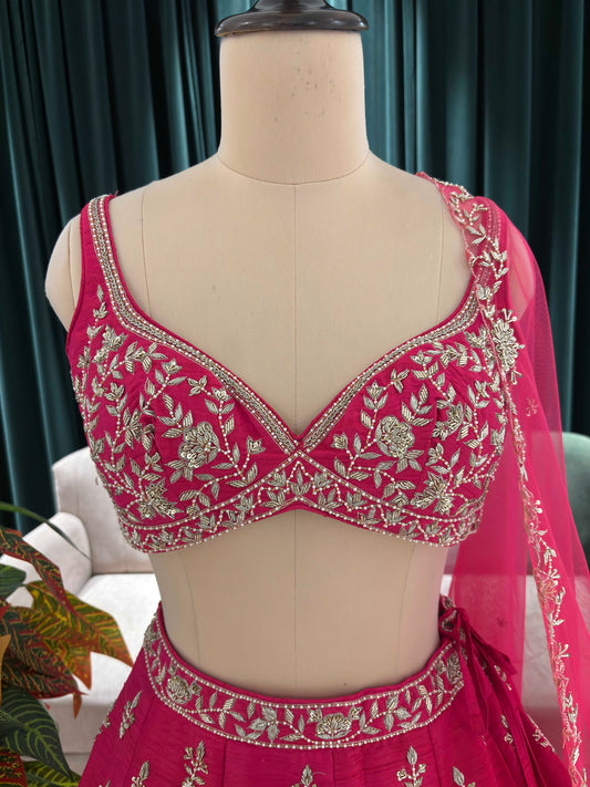 Radiant Rani-Pink Lehenga with Gold & White Floral Embroidery